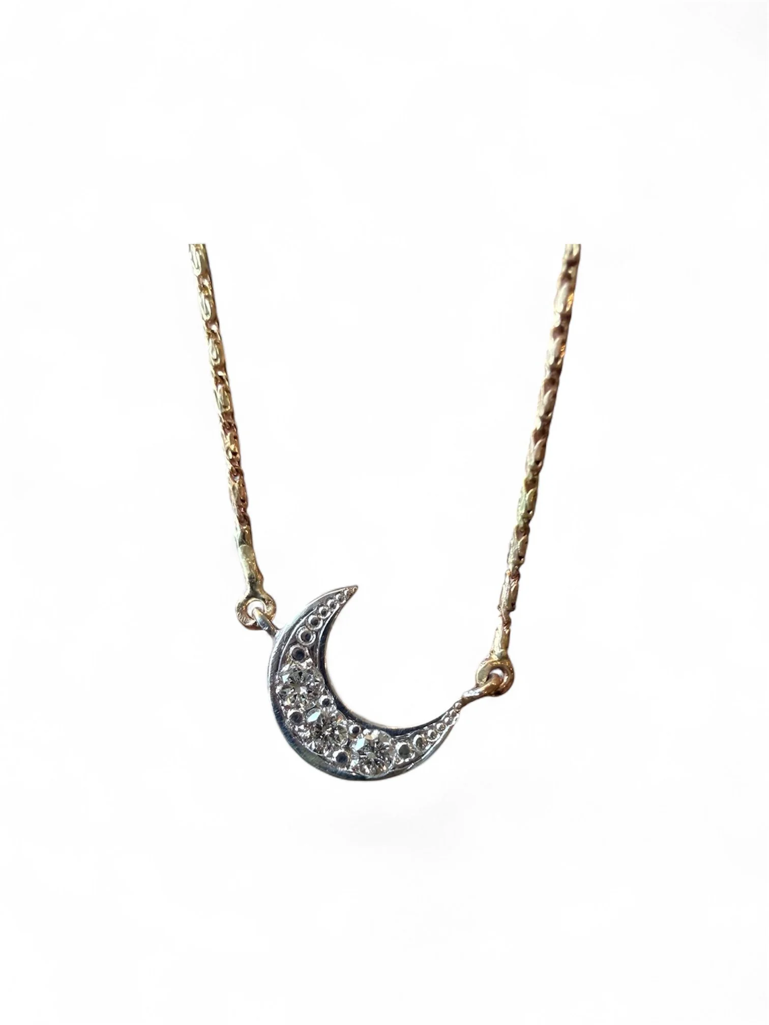 Waning Moon  Necklace 15.5" 14K Yellow and white gold bead seat with 3 diamonds,
