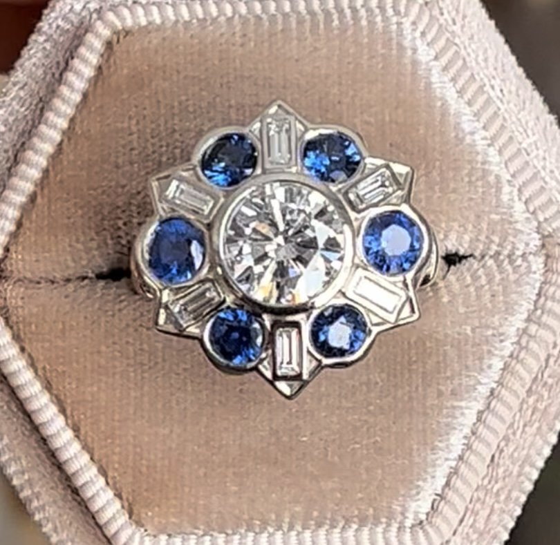 Great Gatsby style! A gorgeous client redesign using her own diamonds and sapphires, all bezel set in a custom-designed 14K white gold setting.