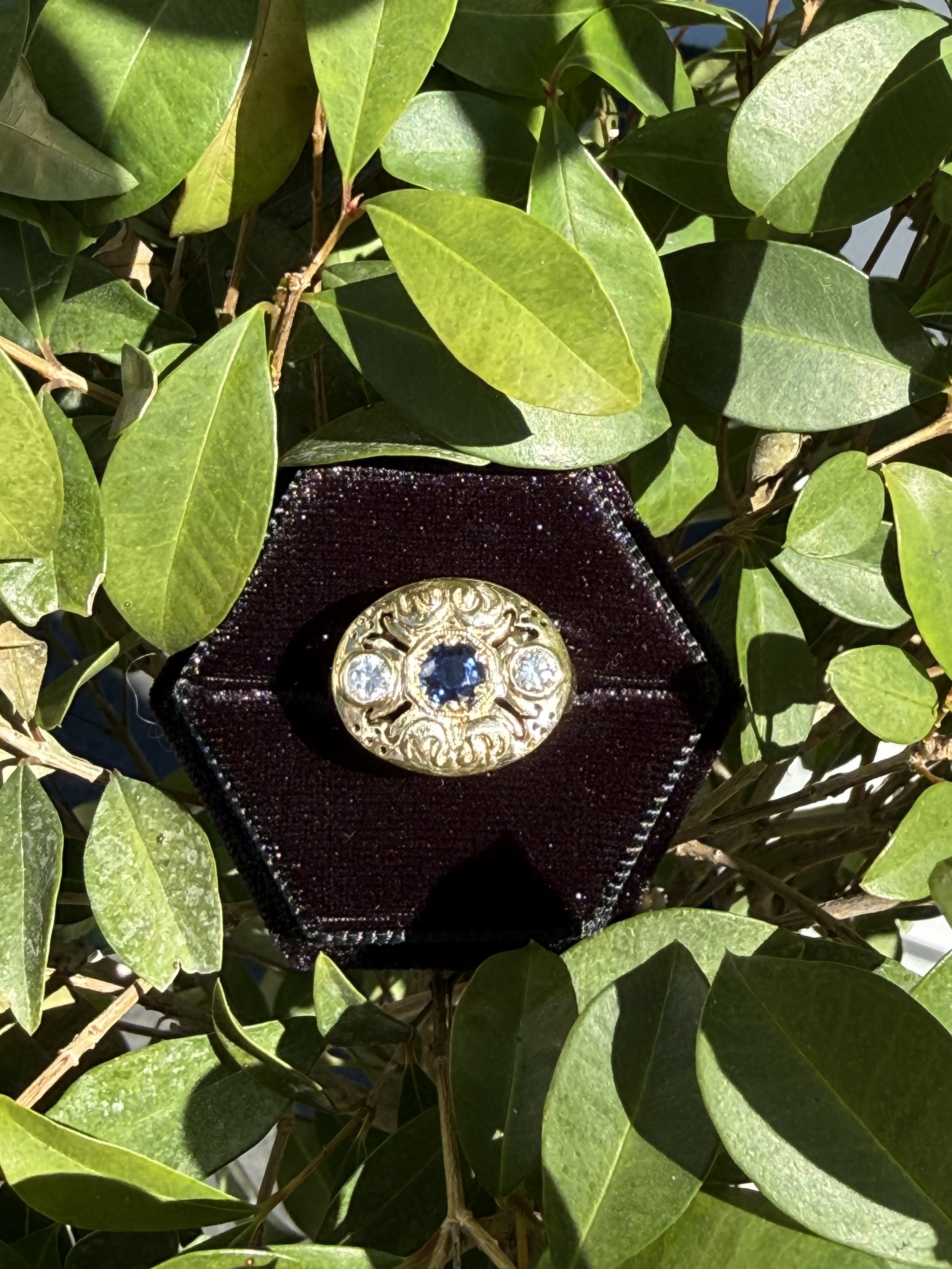 Custom 14K gold Swan ring with a 3/4 carat sapphire, flanked by round brilliant diamonds. A version of the Emmeline ring from the Black Swan collection.