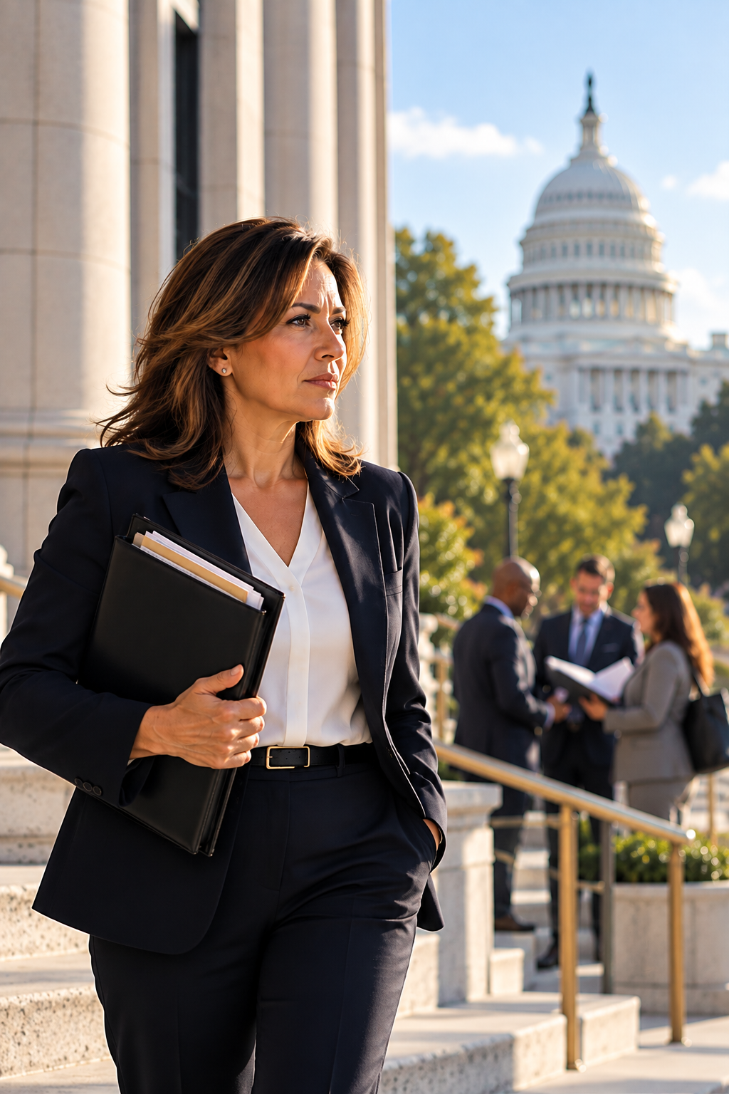 A woman in a business suit standing outside government building with US Capitol dome in background.