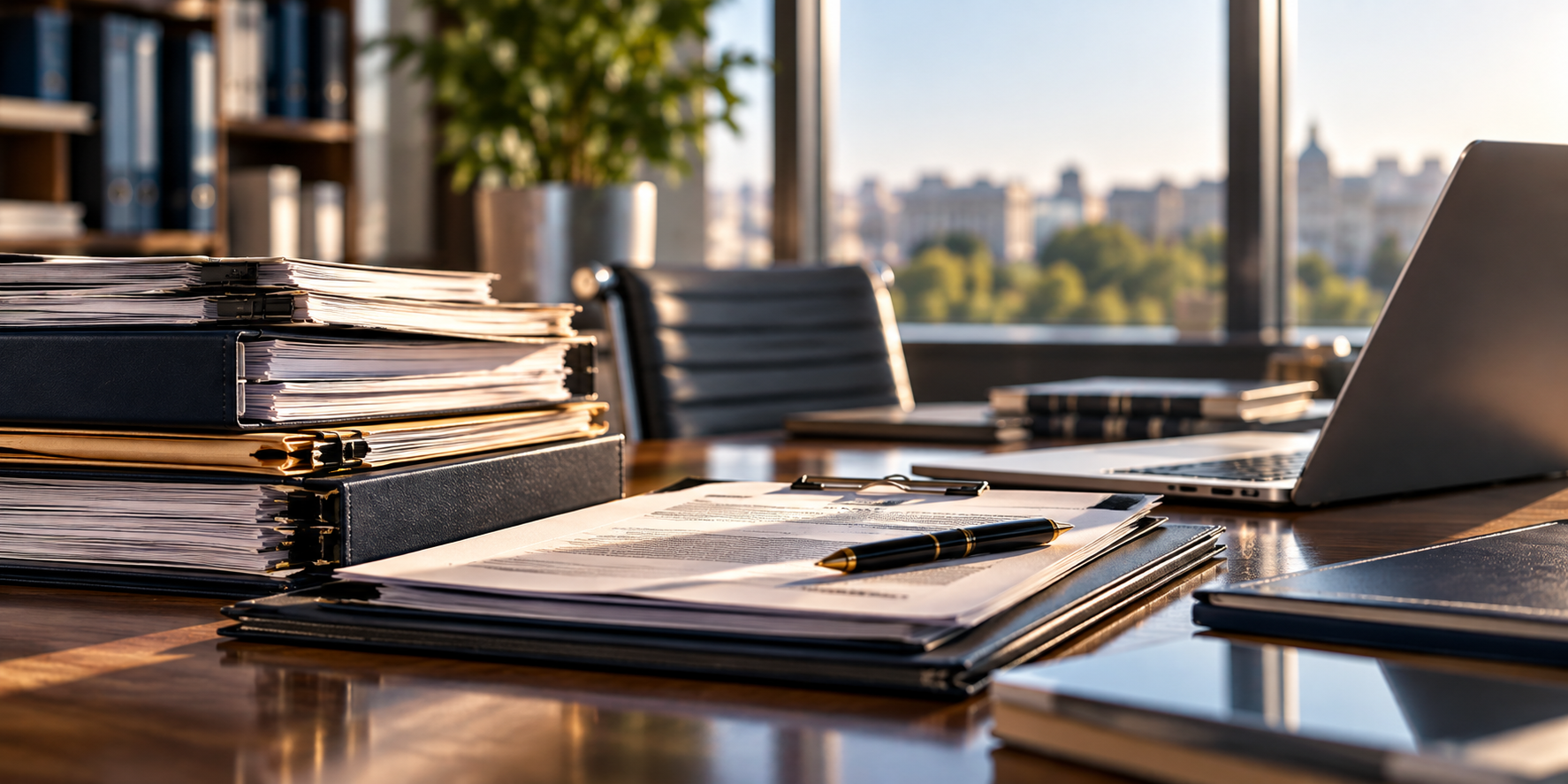 A cluttered office desk with files, papers, a pen, a laptop, and a chair in front of large windows overlooking a cityscape in the morning sunlight.