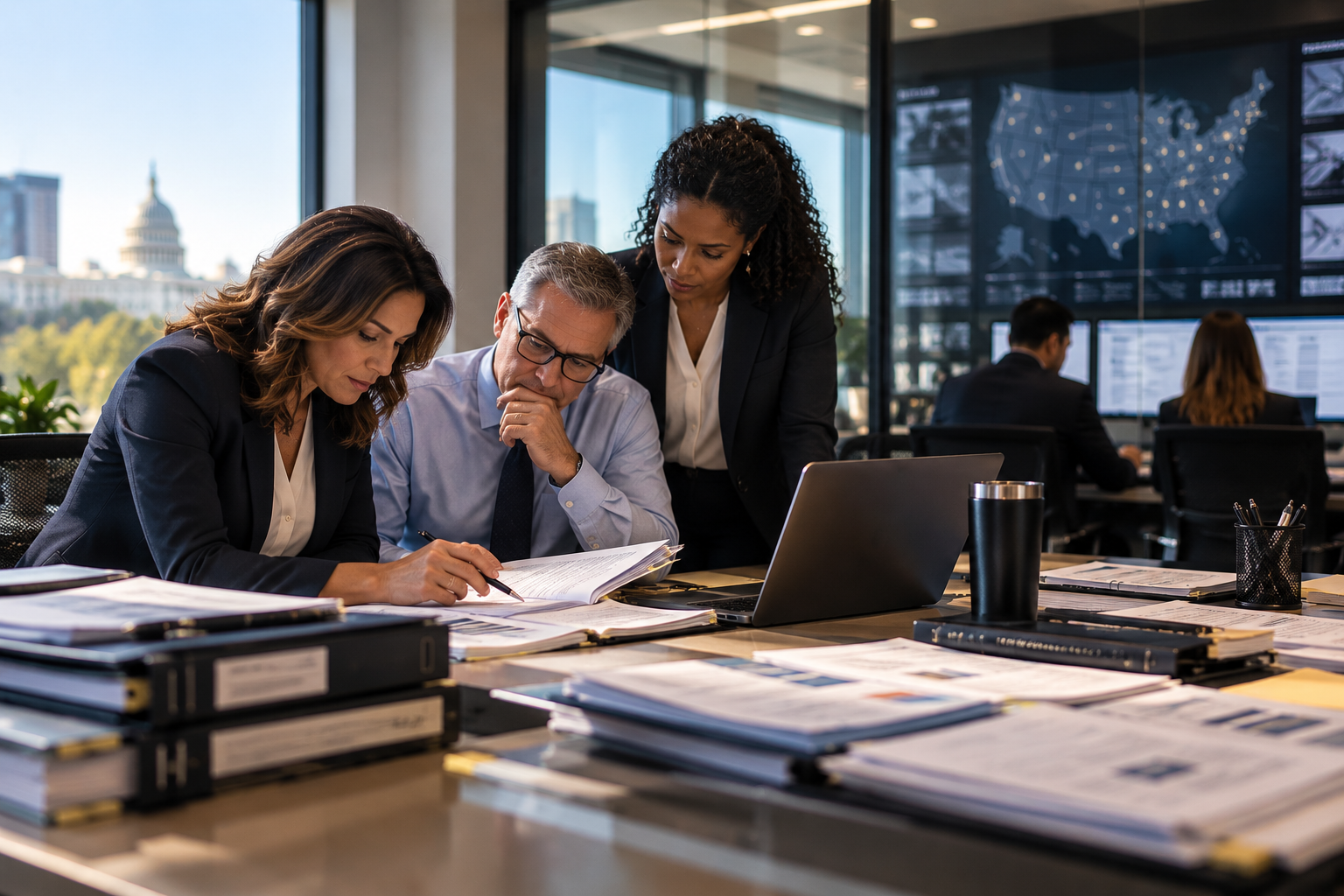 Three business professionals reviewing documents at a cluttered conference table in a modern office with a view of Washington, D.C., including the Capitol building.