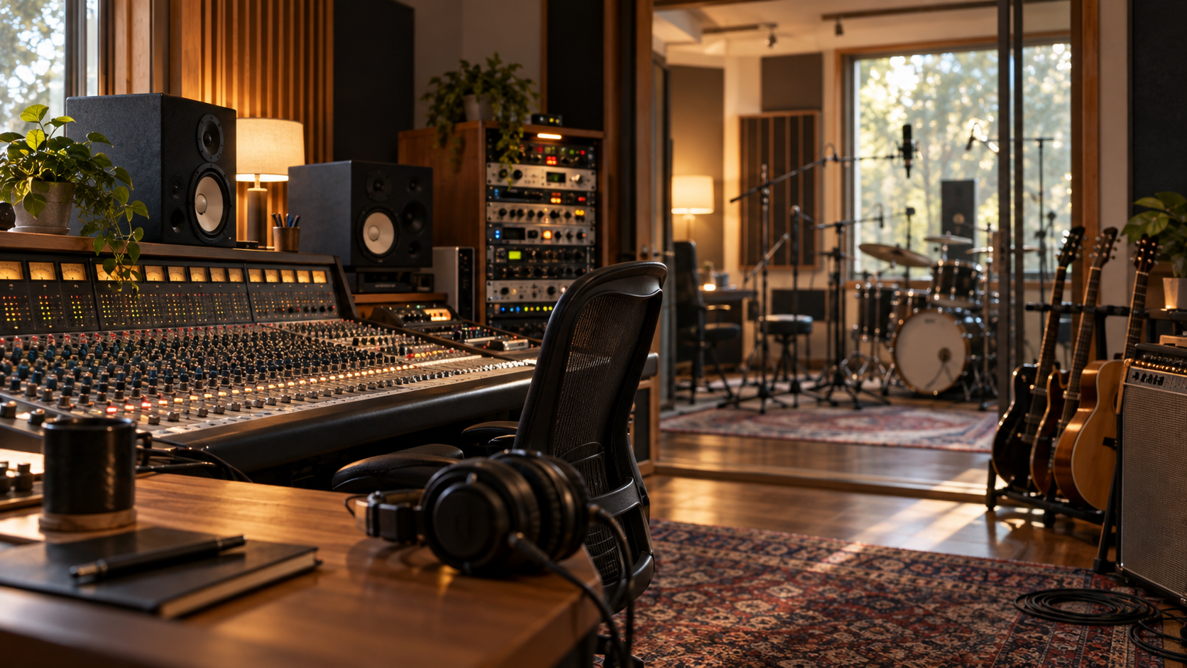 Music recording studio with mixing console, speakers, guitars, drums, microphones, and headphones in a cozy room with wooden accents and natural light.