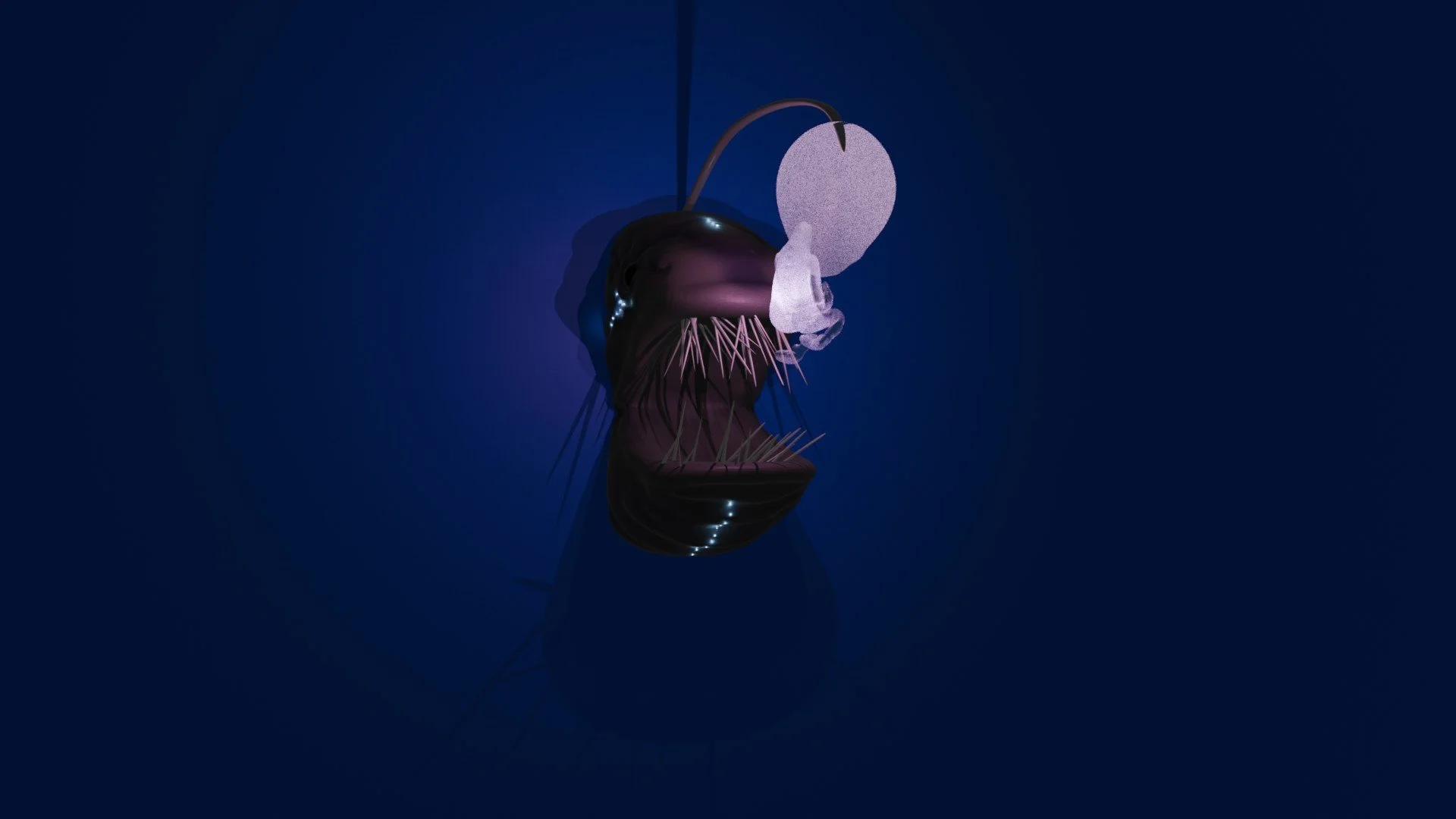 A darkly lit, surreal digital art piece featuring an open mouth with spines inside, a cherry with a face on the upper lip, and a lemon with a face on the cheek against a dark blue background.