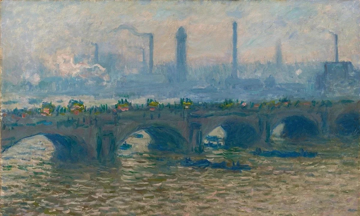 A painting of a river with a stone bridge in the foreground and an industrial cityscape with factories and smokestacks in the background.
