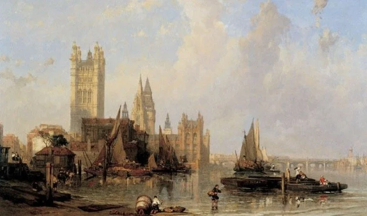 A painting of the Thames River with boats and historic buildings in London, including the Houses of Parliament.