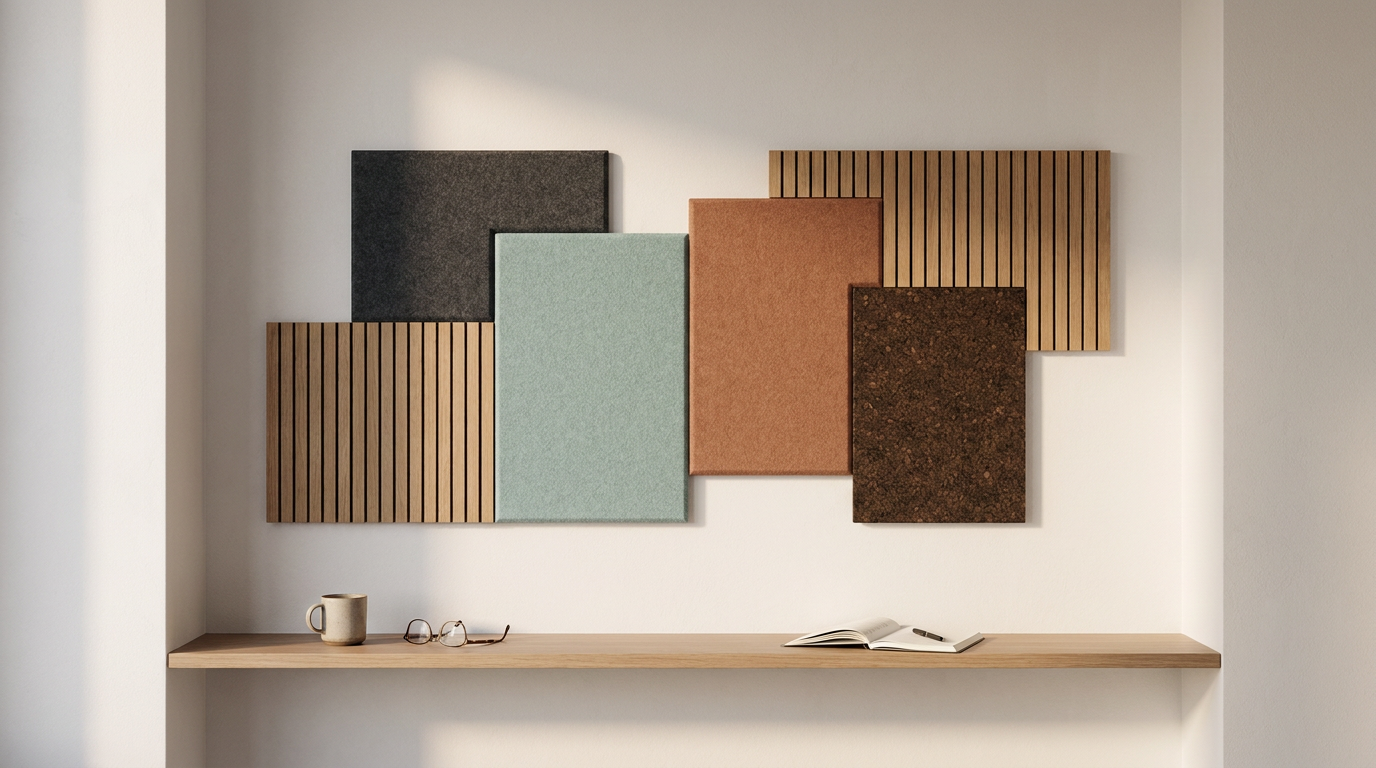 A wall decorated with colorful rectangular acoustic panels in black, light green, terracotta, brown, and wood finishes, with a wooden shelf below holding a ceramic mug, a pair of glasses, and an open notebook.