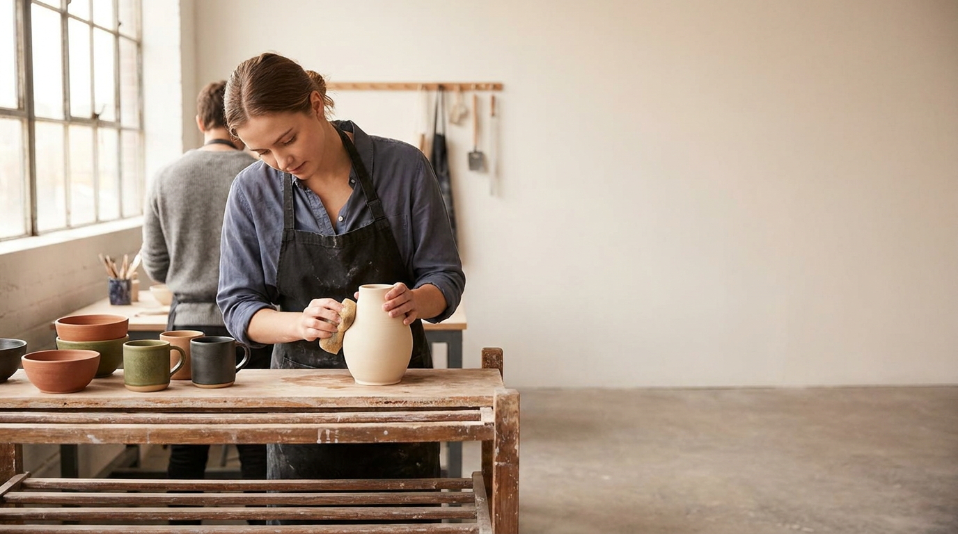 A woman in an apron cleaning a ceramic vase in a pottery studio with other people working in the background.
