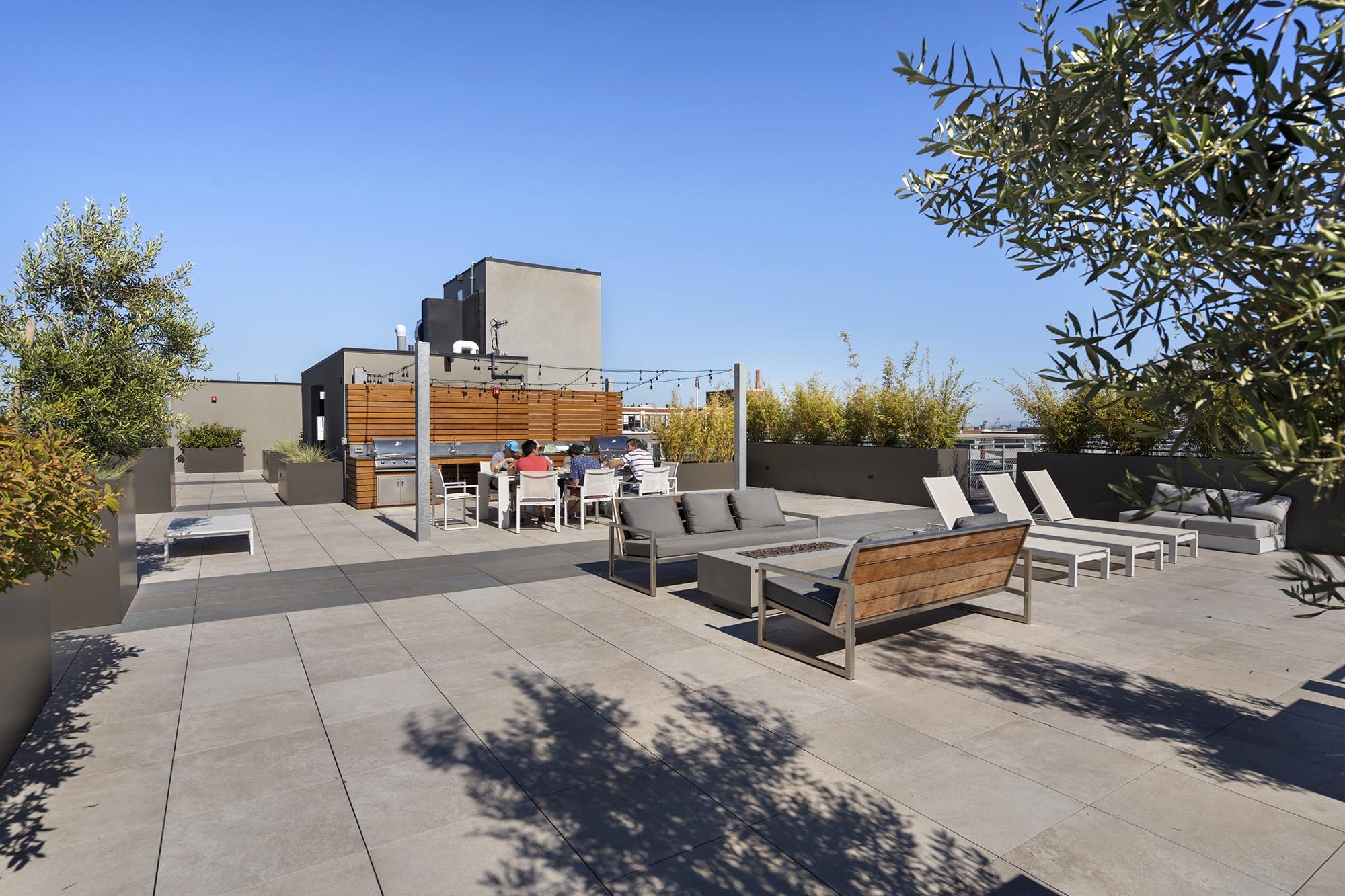 Rooftop patio with lounge chairs, a dining table with people, potted plants, string lights, and a clear blue sky.