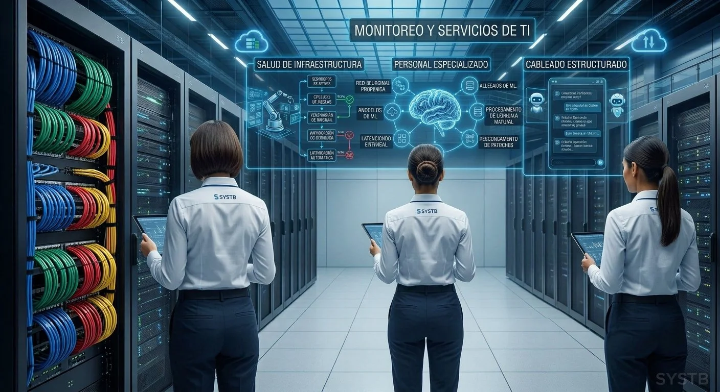 Tres mujeres en un centro de datos monitorizando servidores y servicios TI con pantallas holográficas que muestran esquemas y datos técnicos.