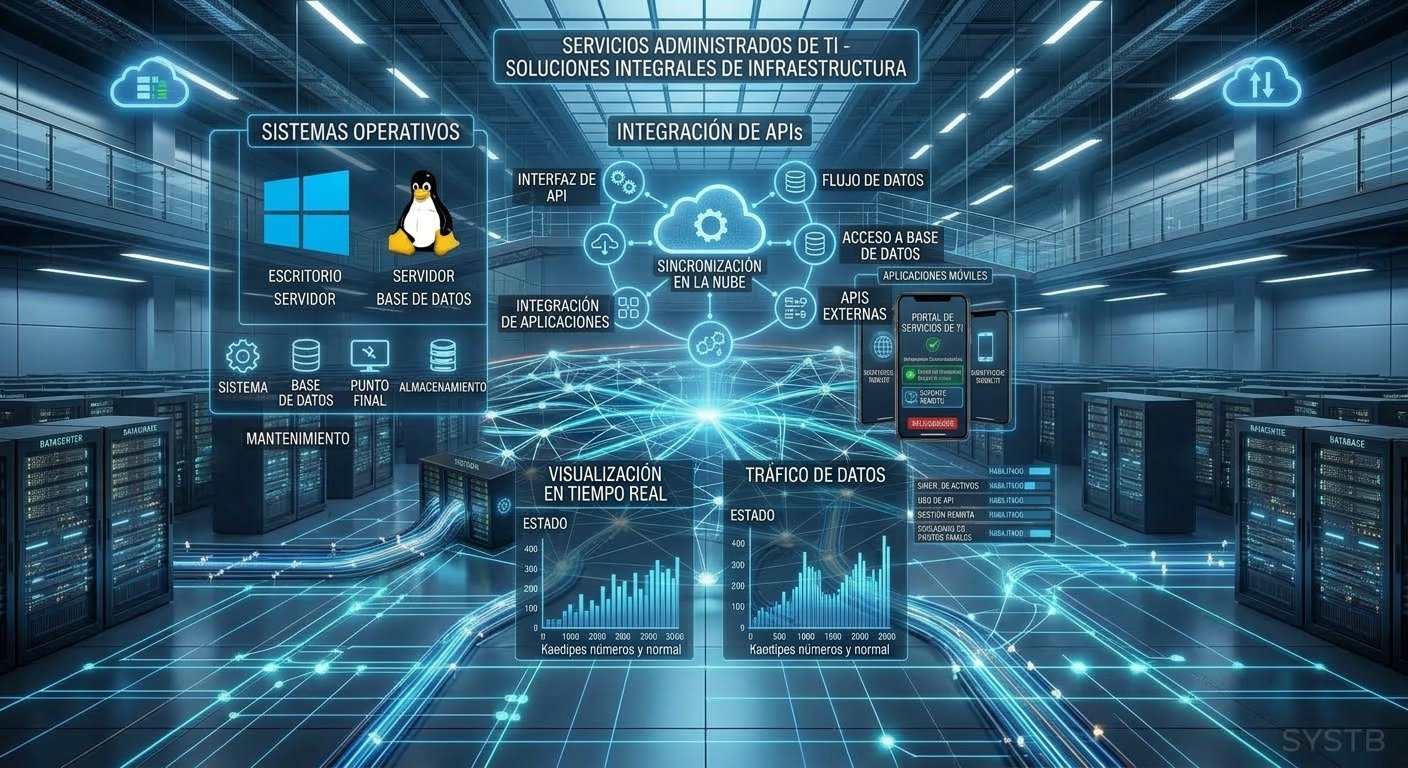 Diagrama digital que muestra servicios administrados de tecnología y soluciones de infraestructura, incluyendo sistemas operativos, integración de APIs, flujo de datos, acceso a bases de datos, aplicaciones móviles, monitoreo en tiempo real y tráfico de datos, en un entorno de centro de datos con servidores y conexiones de red.