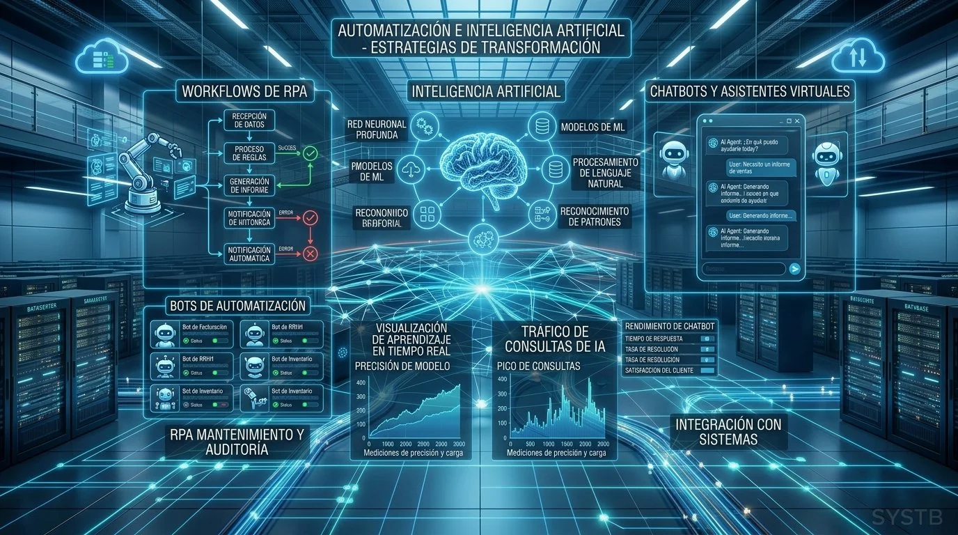 Infografía futurista en tonos azules sobre automatización, inteligencia artificial y estrategias de transformación digital, mostrando diagramas, gráficos, robots, chatbots, redes neuronales y servidores.