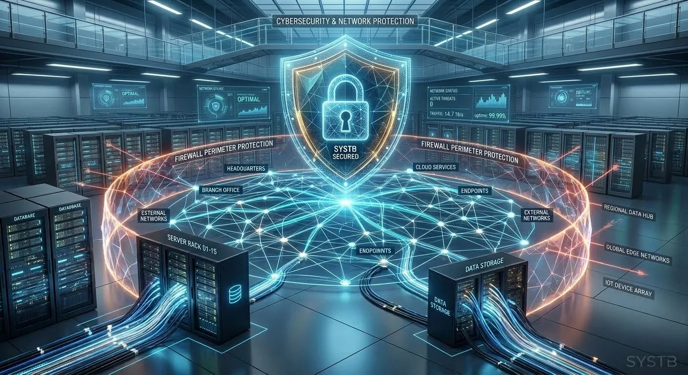 Centro de datos con servidores, redes y protección cibernética representada digitalmente, con un escudo de seguridad en el centro y conexiones de red en forma de malla