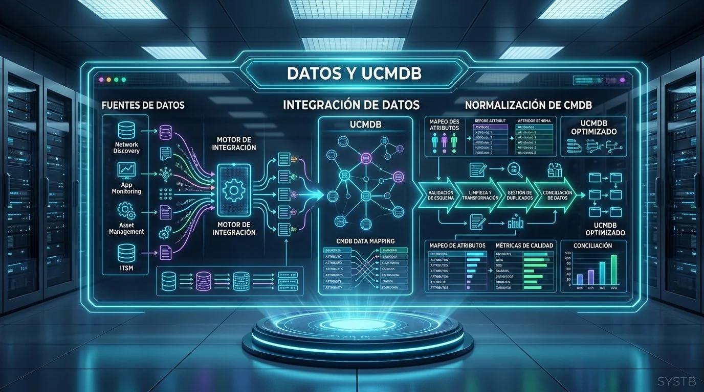 Diagrama digital que muestra procesos de integración, normalización y optimización de datos en un centro de datos.