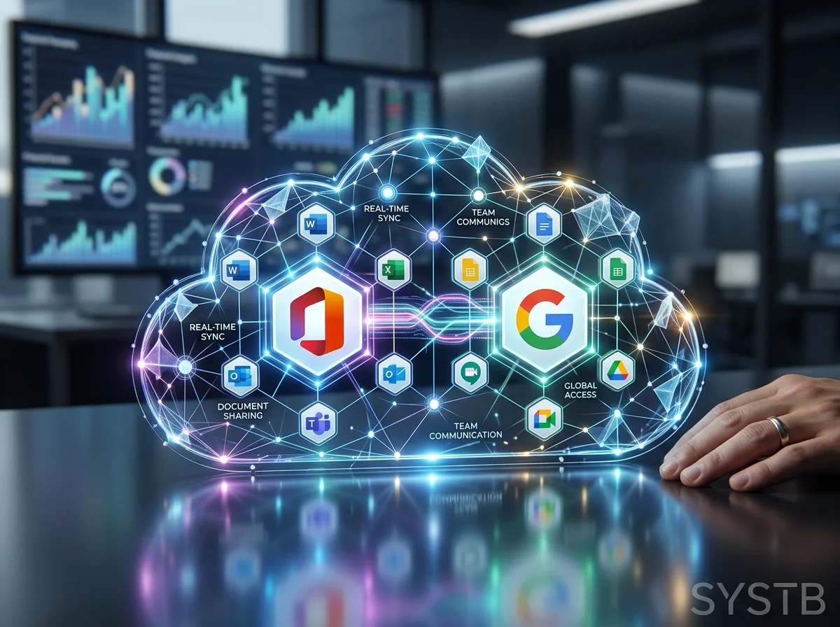 Ilustración digital de dos nubes conectadas a través de líneas de luz, cada una con logotipos de Microsoft Office y Google, rodeadas de iconos de aplicaciones y funciones como sincronización en tiempo real, colaboración en equipo, comunicación y acceso global, en un entorno de oficina con pantallas y gráficos analysis.