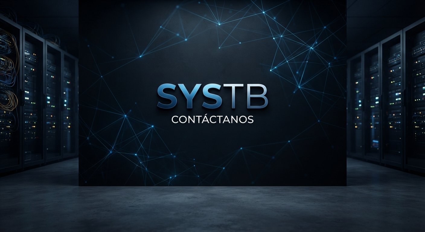Centro de datos con servidores, cartel que dice 'SYSTB Contáctanos' y fondo de conexiones digitales