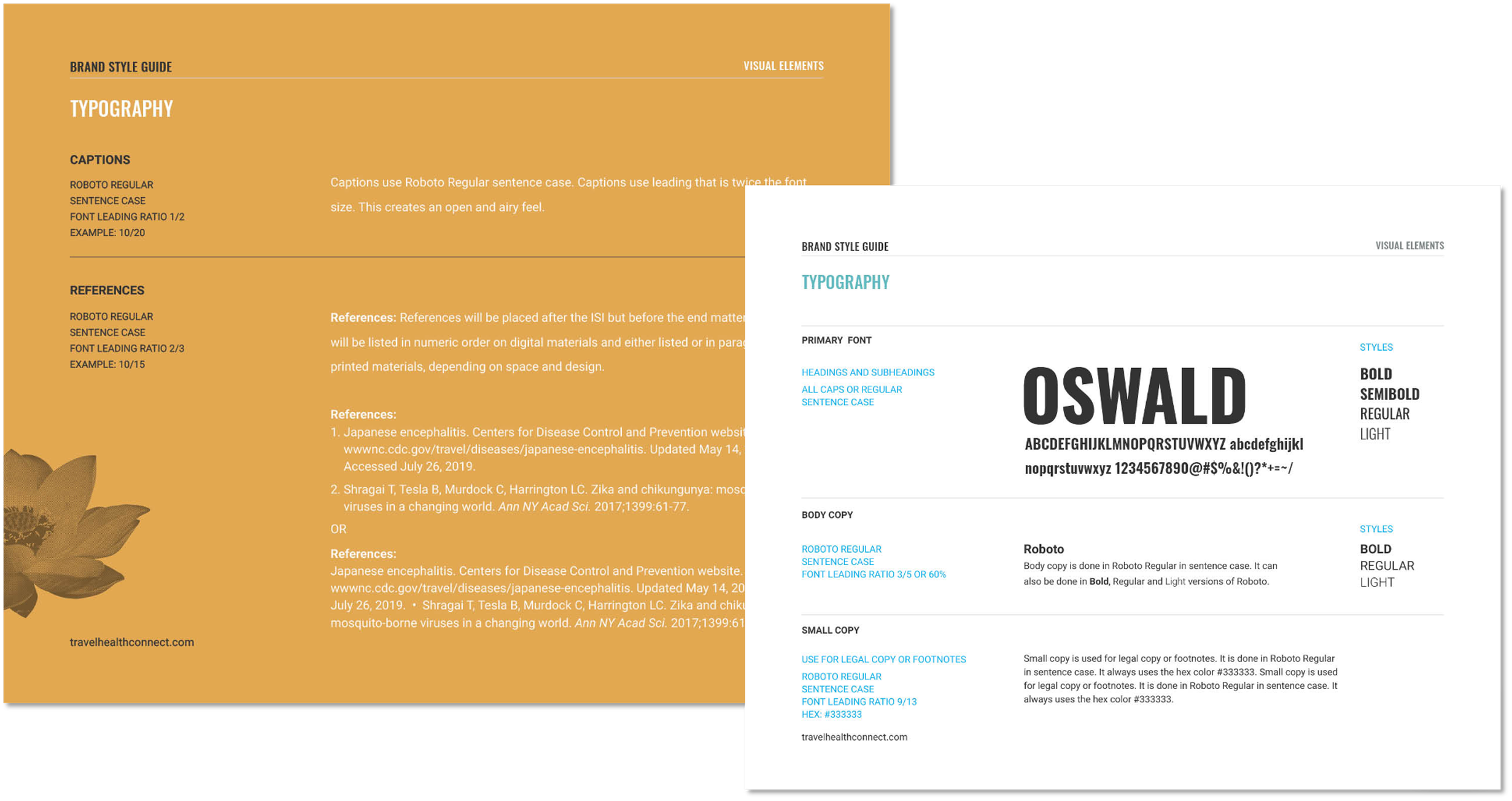 Comparison of two style guides showing different typographies, fonts, and style elements for branding and visual communication.