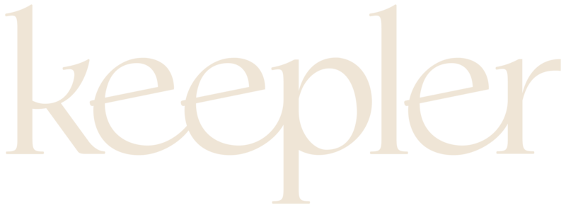The Keepler app logo written in lowercase letters in a serif font, in light beige color on a black background.