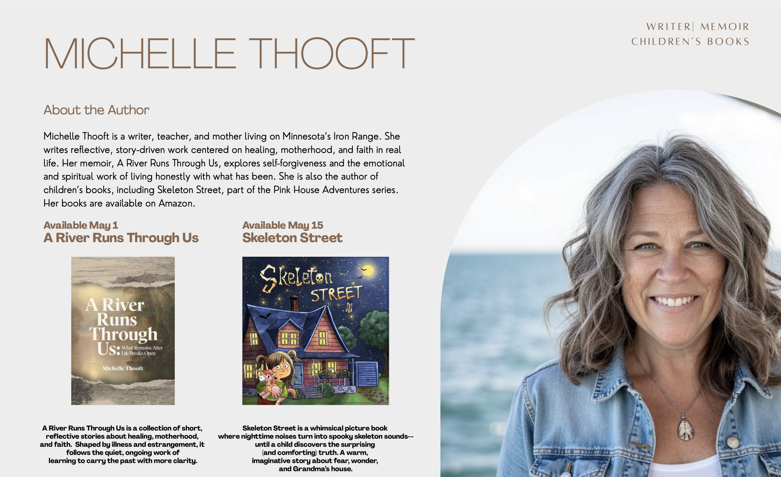 Michelle Thooft podcast one sheet featuring A River Runs Through Us and Skeleton Street — author bio and sample interview questions