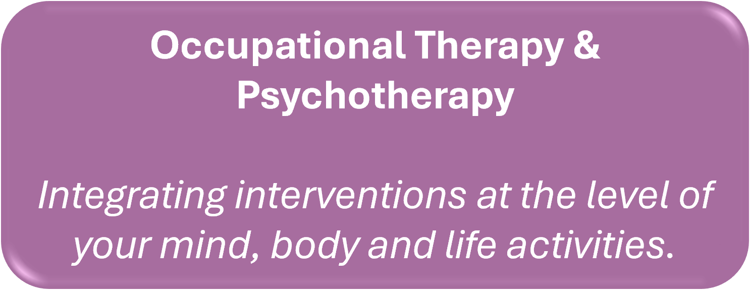 Purple sign with white text reading 'Occupational Therapy & Psychotherapy' and promotional message about integrating interventions at the level of mind, body, and life activities.