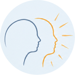 Line drawings of two faces, one blue and one orange, facing each other, with the orange face surrounded by lines suggesting sunlight or radiance.