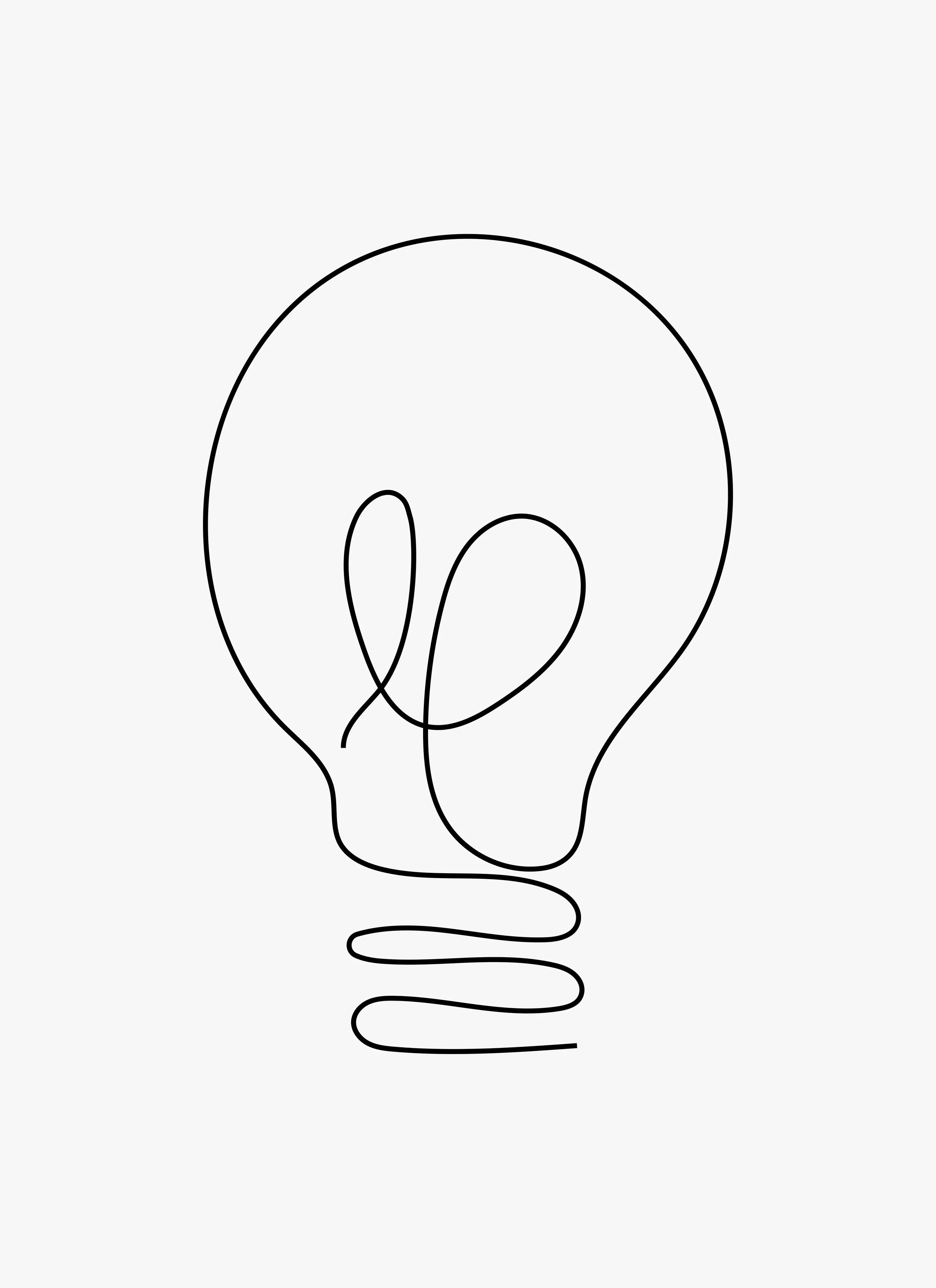 A black line drawing of a hand holding a lightbulb with a filament shaped like a heart.