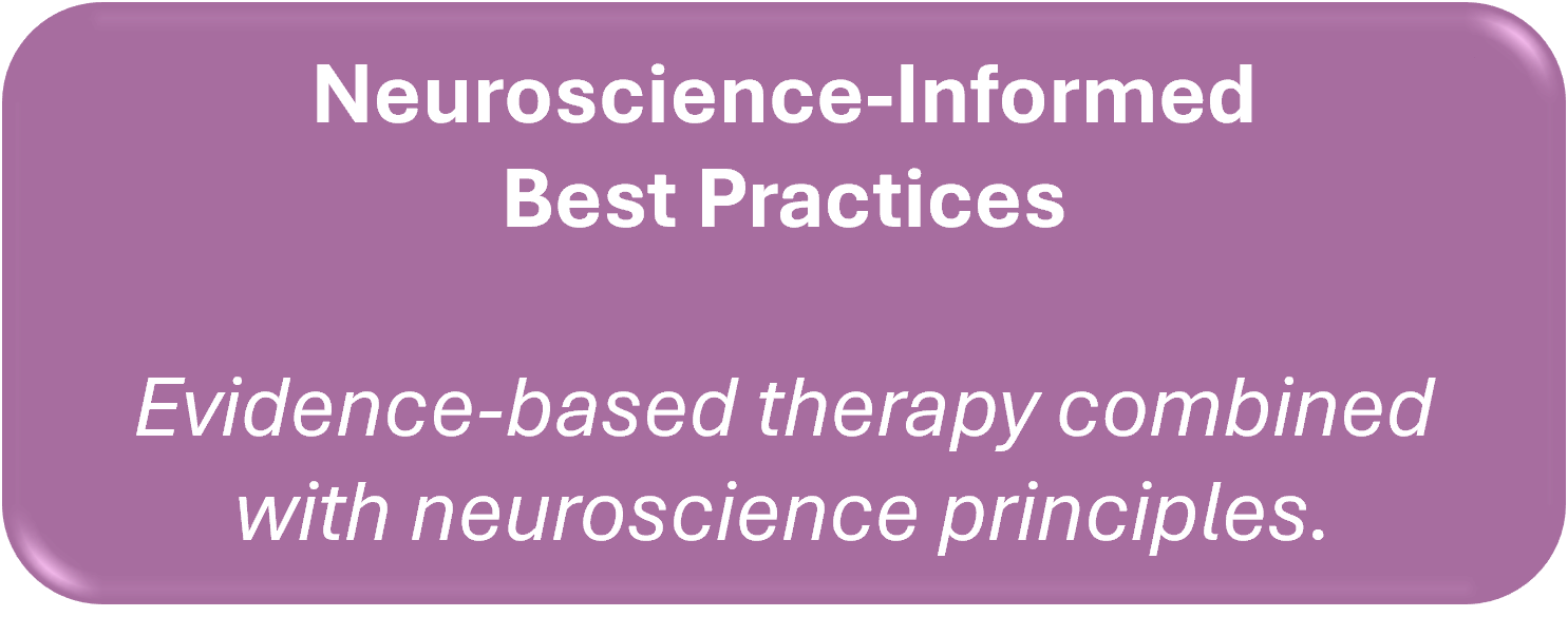 Purple rounded rectangle sign with white text that says 'Neuroscience-Informed Best Practices' and italicized white text below that says 'Evidence-based therapy combined with neuroscience principles.'