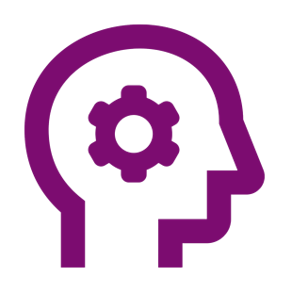 Outline of a human head with a gear inside, representing thinking or cognitive processes.