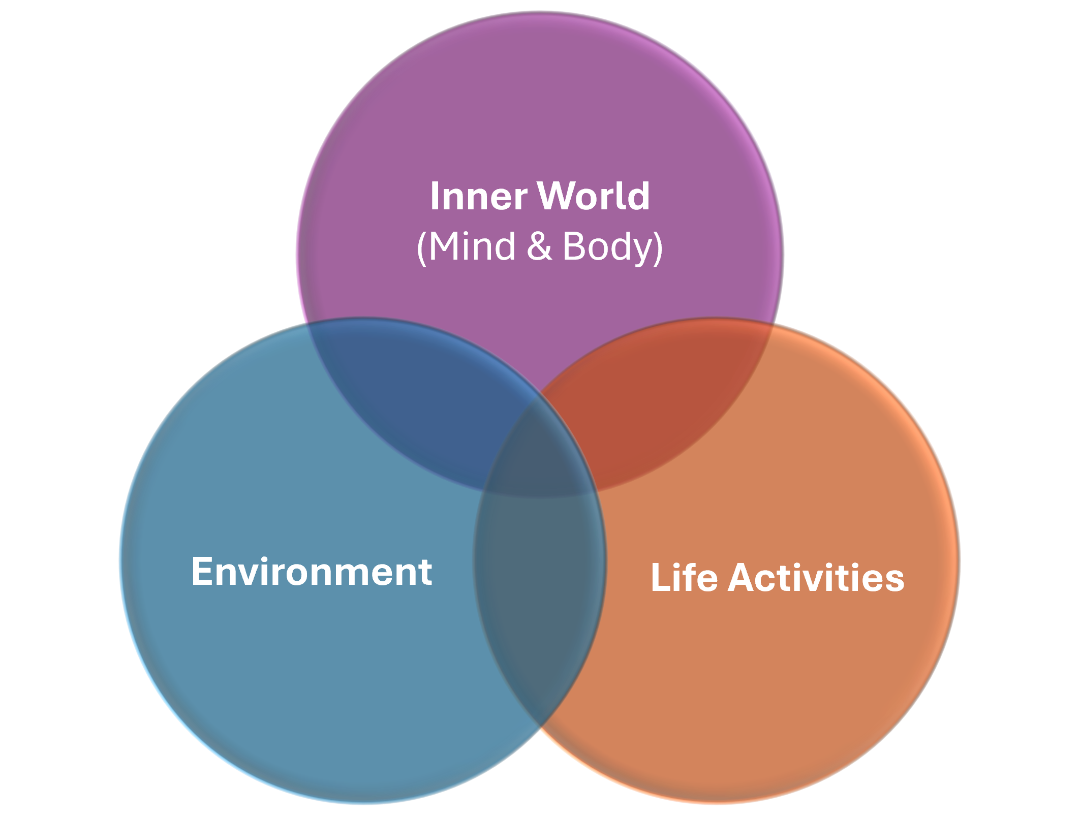 Venn diagram with circles labeled Inner World (Mind & Body), Environment, and Life Activities.