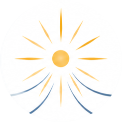 Abstract sun with yellow rays and blue curved elements beneath