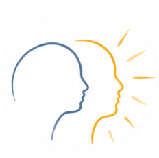 Line drawing of two faces in profile, one with a standard outline and the other with rays indicating the sun or light, representing a concept of mind or thought.