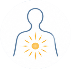 Outline of a human figure with a sun icon inside the chest area, representing health or energy.