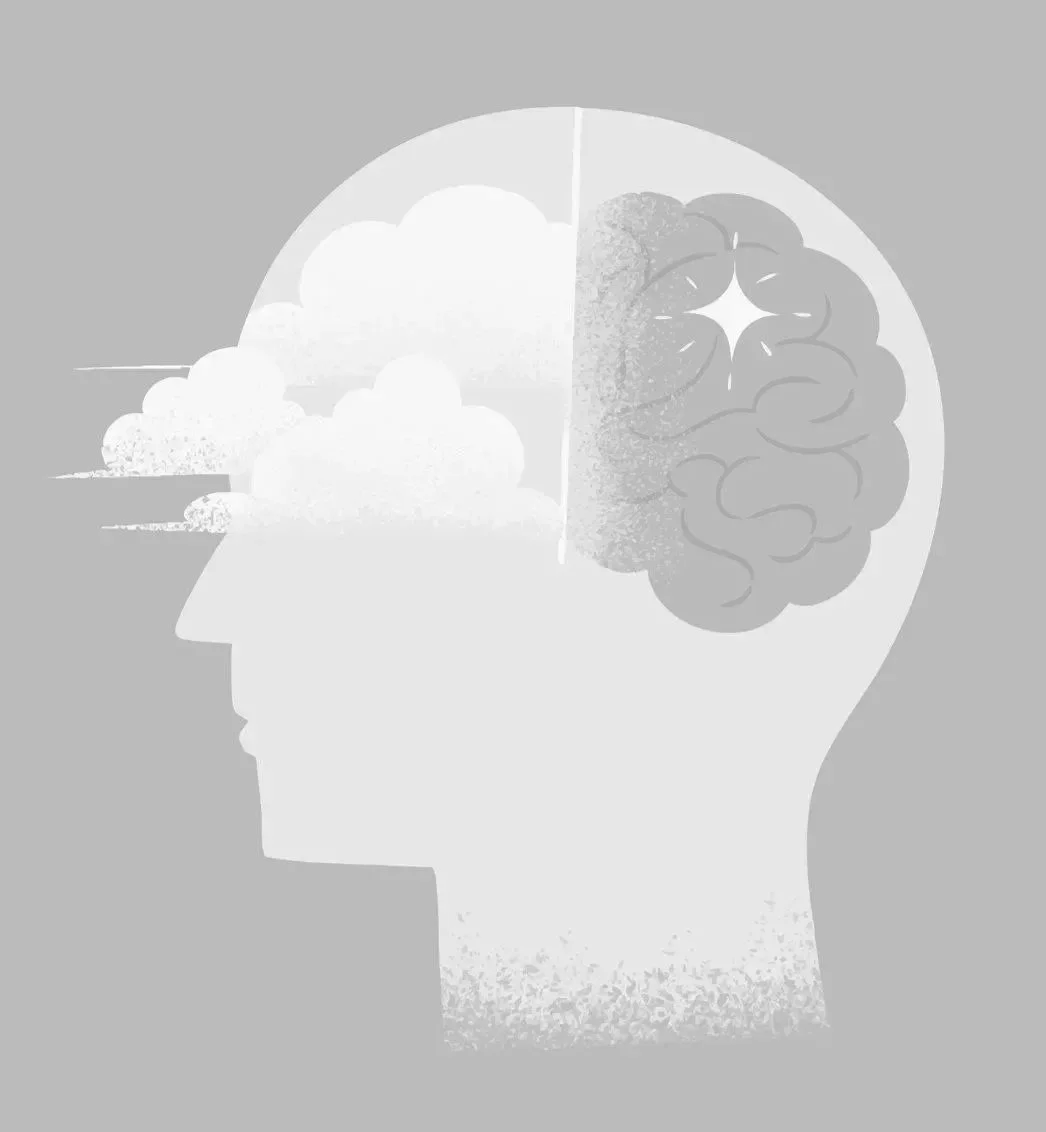 Illustration of a human head with a profile view, split into two halves. The left half contains clouds and motion lines, while the right half shows a detailed brain with a shining star.