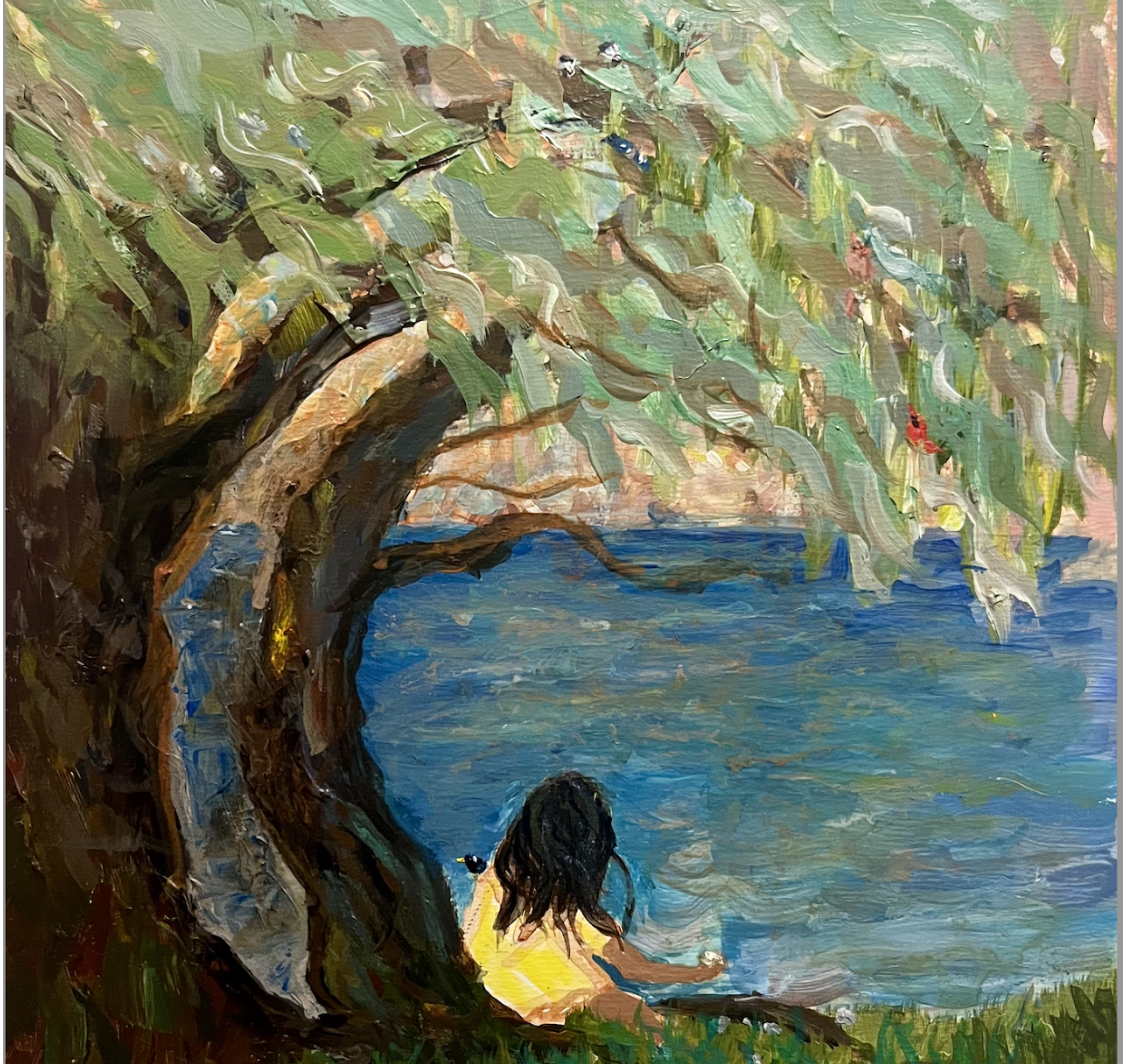 I Wonder by Laura Torres |

A child sits in wonder at the edge of a watercolored pond, imagining the ripple the pebble in her hand will create. Six hidden birds enjoy this moment with her. 