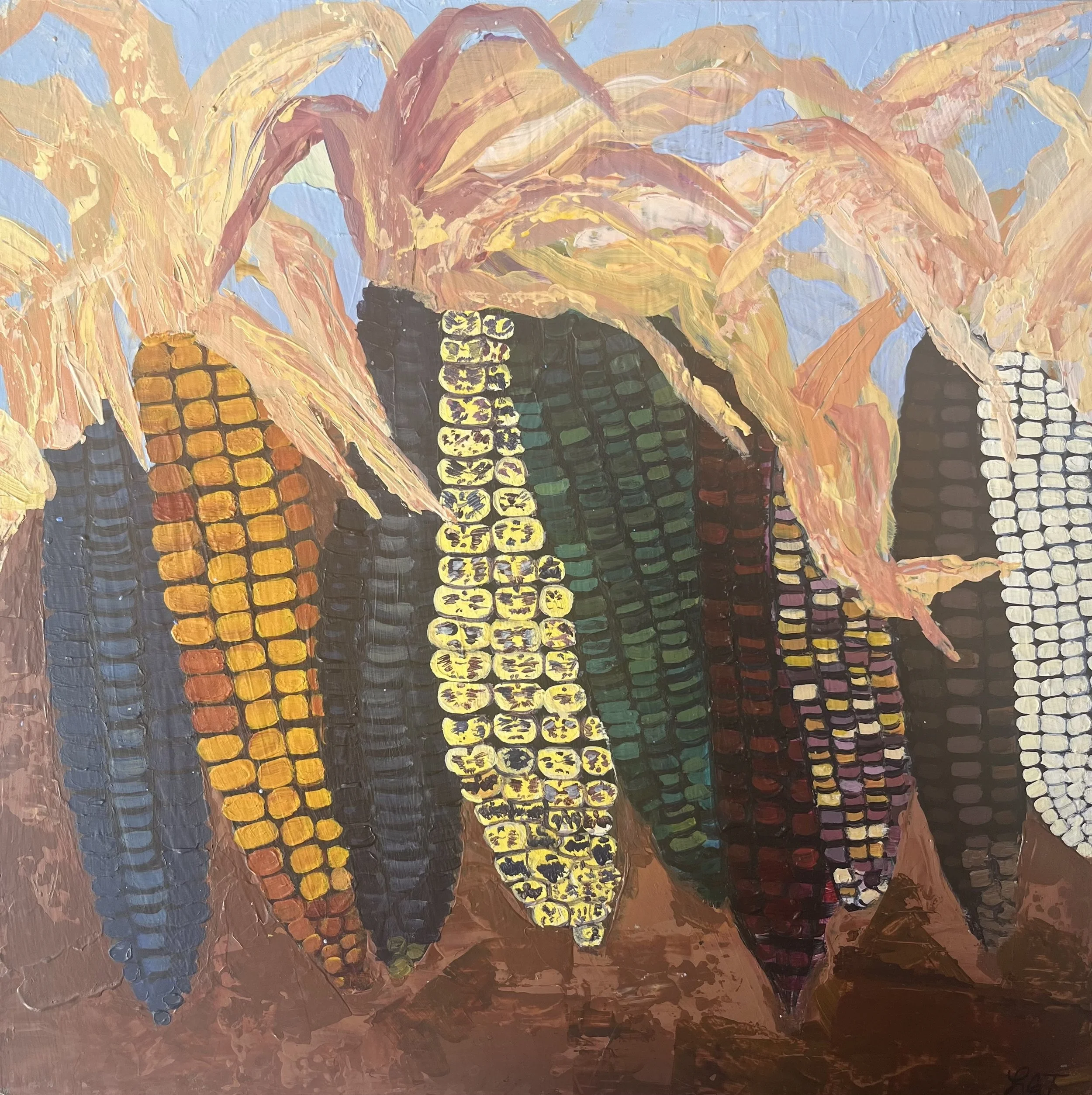 Baile Maíz by Laura Torres | This painting is a celebration of the stunning varieties of indigenous corn...from the Blue Hopi, Pima White, Gold, Oaxacan Green Dent, Ruby Red, Chocolate and Glass Gem or Rainbow Corn. A proud tribute to the jewels of M
