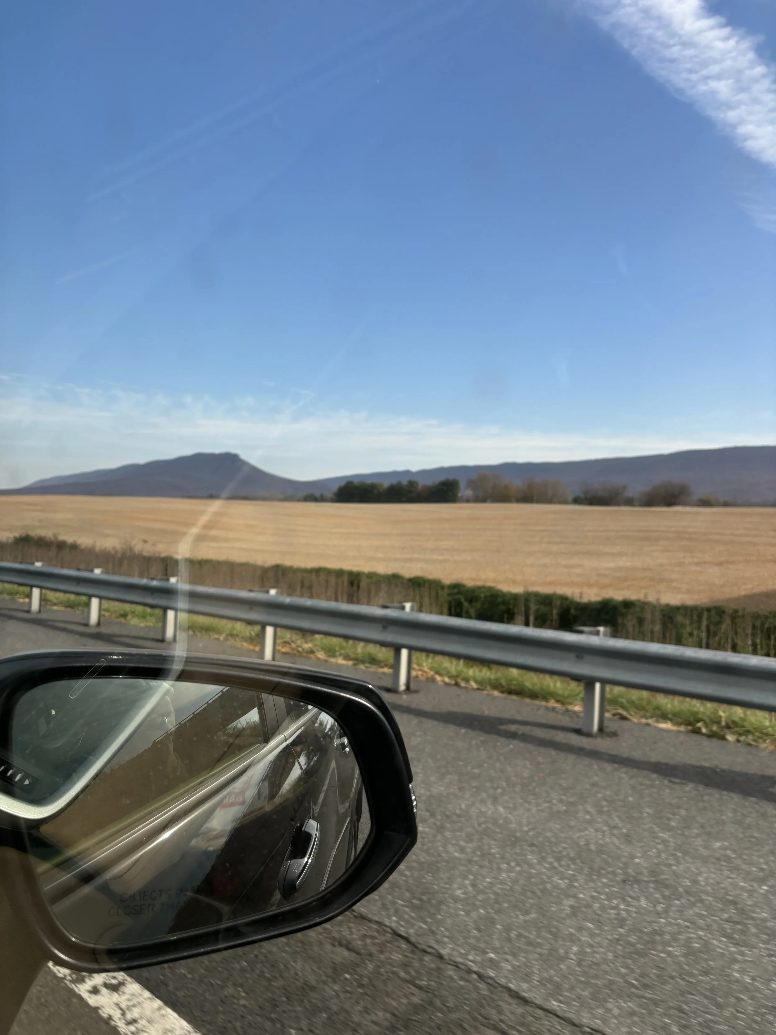 View of a rural landscape with a mountain in the distance, a clear blue sky, and fields in the foreground, seen through a car's side mirror.