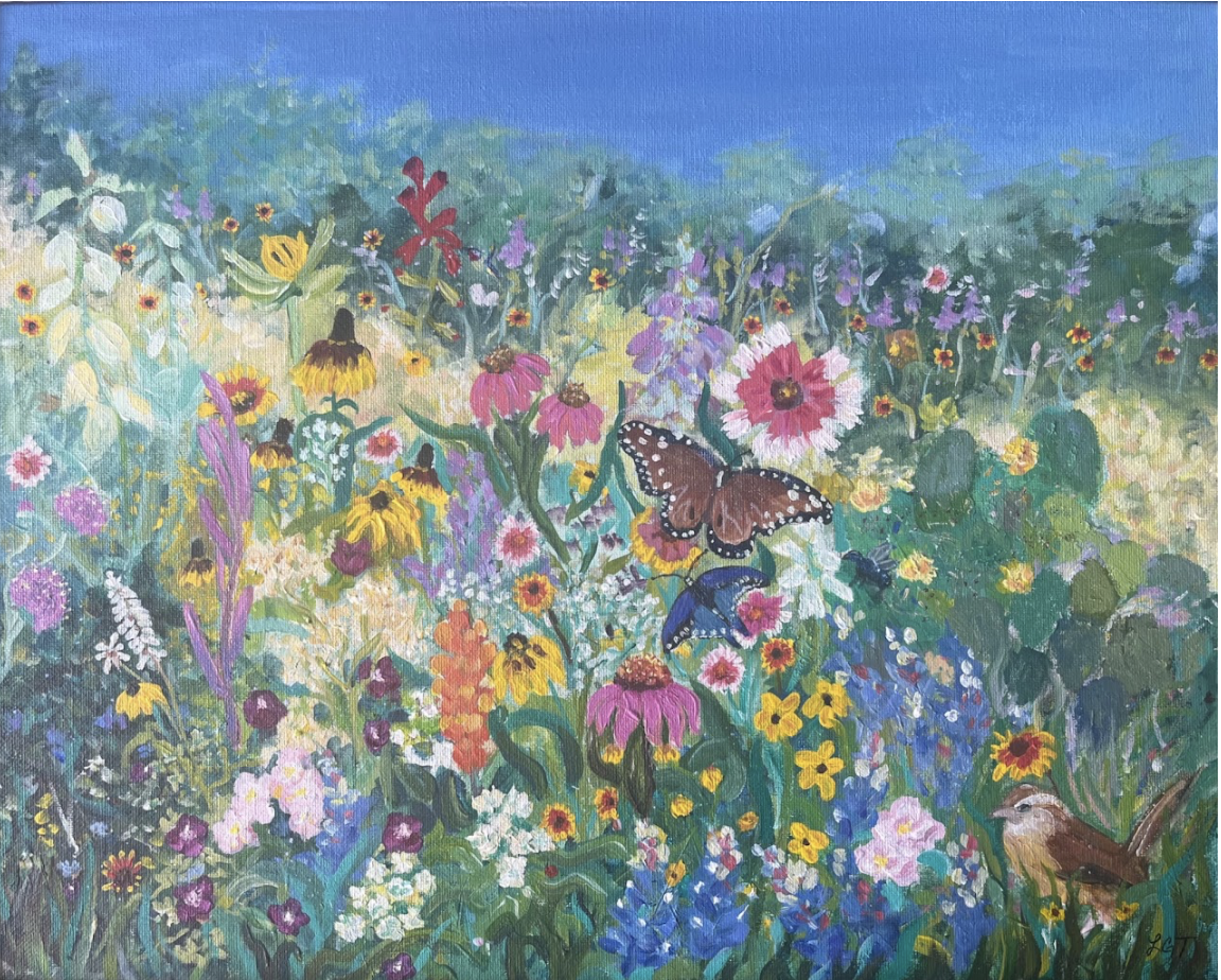 Wildflowers by Laura Torres |

This buzzing field of wildflowers has a thirsty hummingbird, two butterflies, a bee, ladybug and one curious House Wren. |

Location: UT Austin, Lady Bird Johnson Wildflower Center, Austin, TX