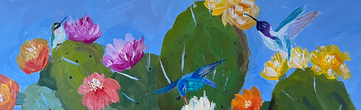 Painting of colorful flowering cacti with hummingbirds and butterflies against a bright blue sky.