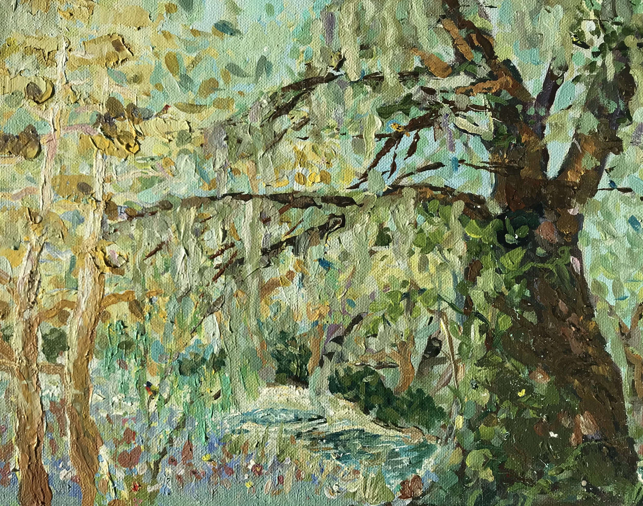 Come Find Me by Laura Torres |

This painting hides six birds, five butterflies, and one sitting squirrel among the landscape.