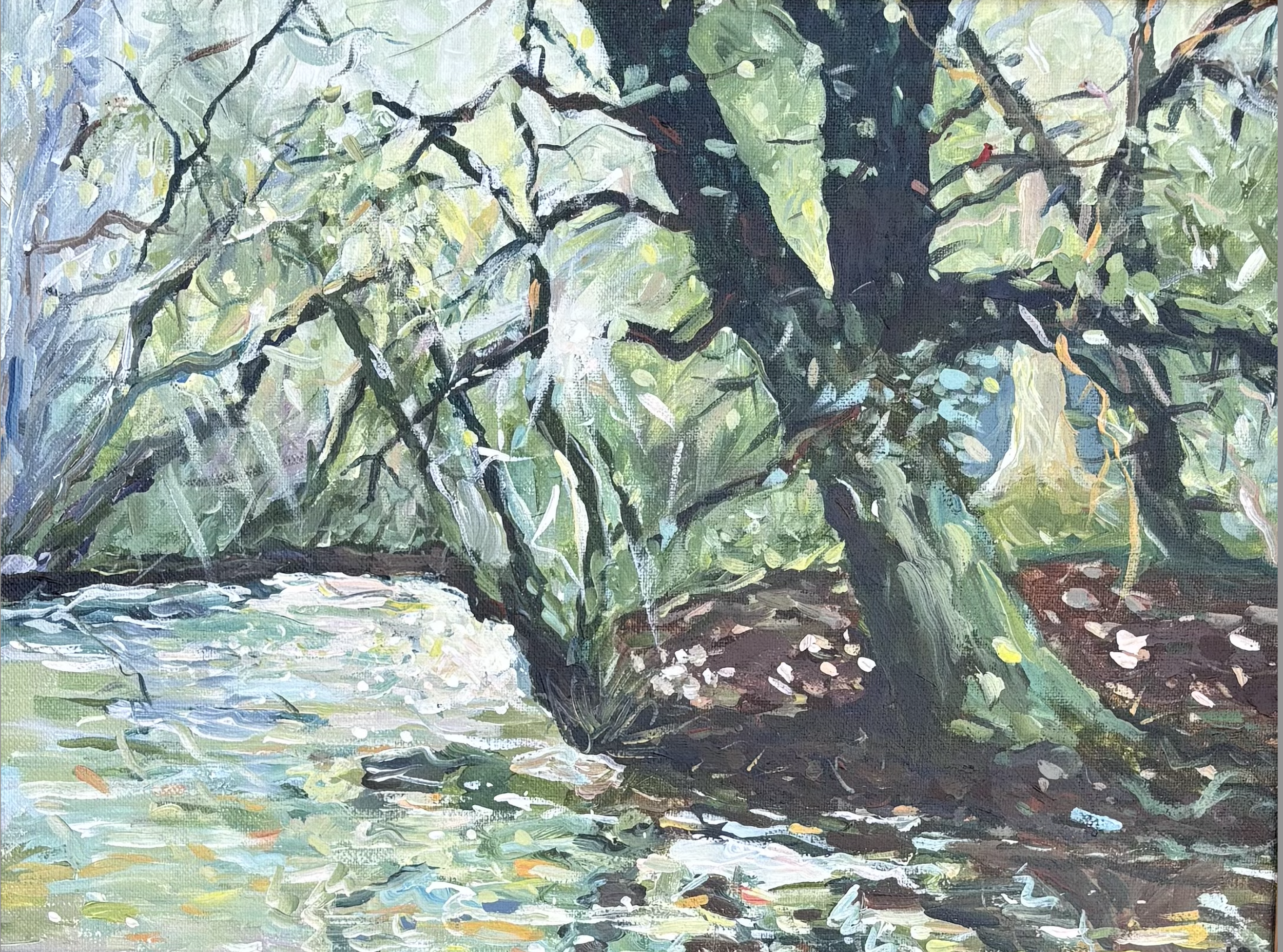 Sparkling Forest by Laura Torres |

The forest shimmers as the morning sunlight twinkles across the pond. Can you spot the two cardinals and three baby birds hiding among the trees?