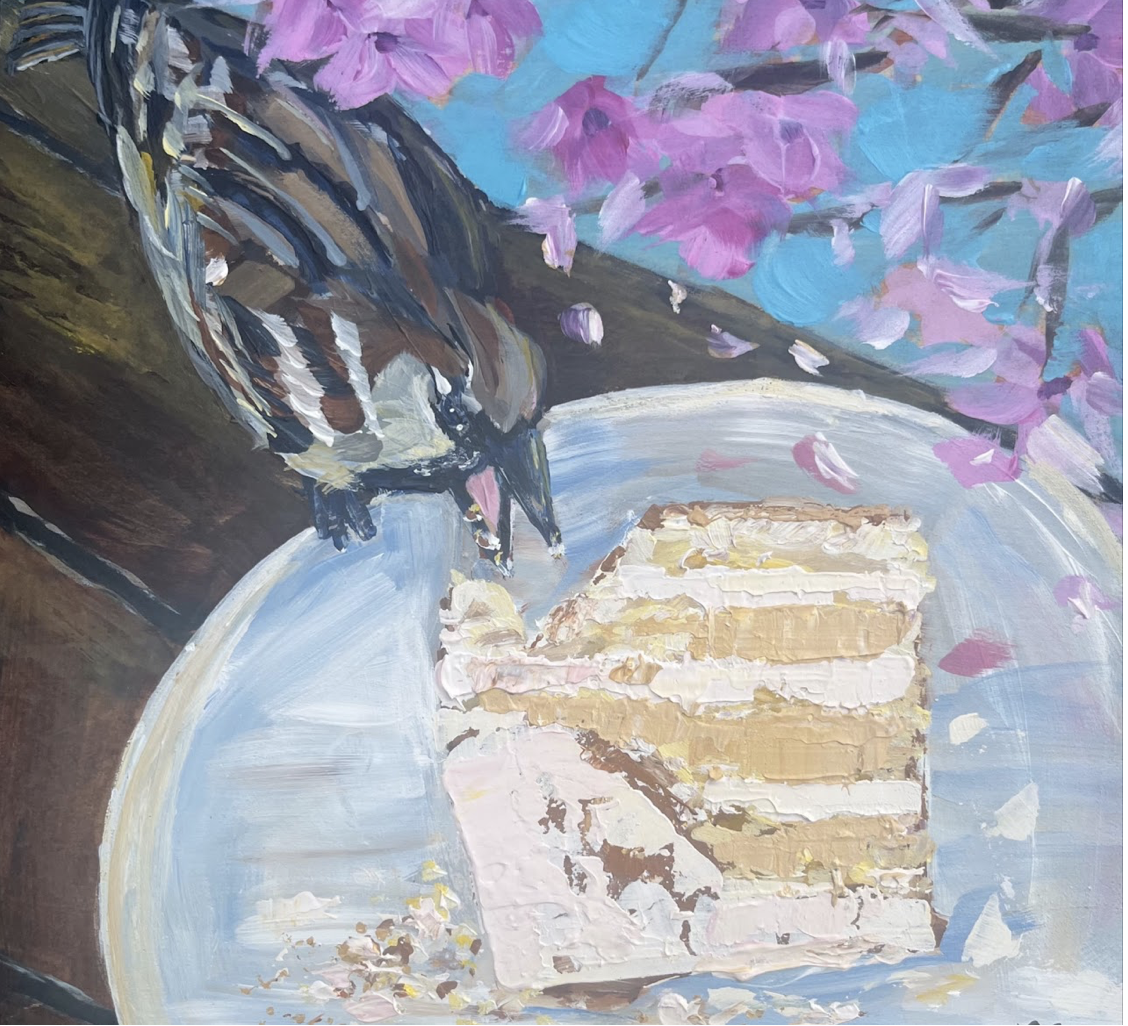 Cake Thief by Laura Torres | Location: Washington, D.C. | This painting captures a special moment in my transition moving from Austin, Texas to Washington, D.C. As I was sitting at a cafe and starting to enjoy a delicious slice of cake with my friend