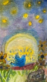 Painting of a blue bird on a red boat in front of a large, glowing yellow moon with stars overhead, surrounded by flowers and grass.