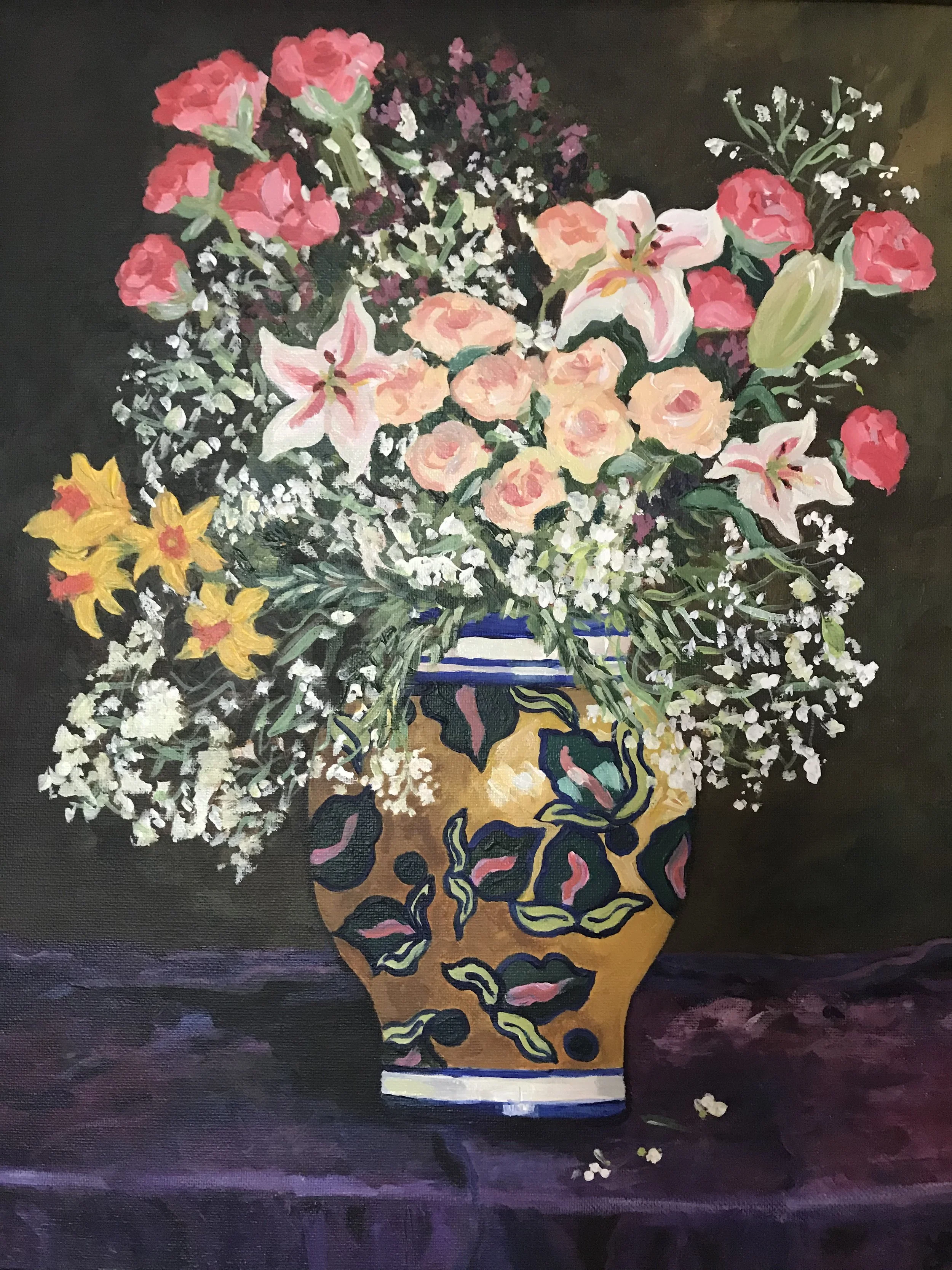 Flowers for Mom by Laura Torres
In this painting, each flower has a special meaning: Pink roses for happiness, peach roses for gratitude, lilies for motherhood, purple crype myrtles for resilience, rosemary for rememberance, baby's breath for innocen