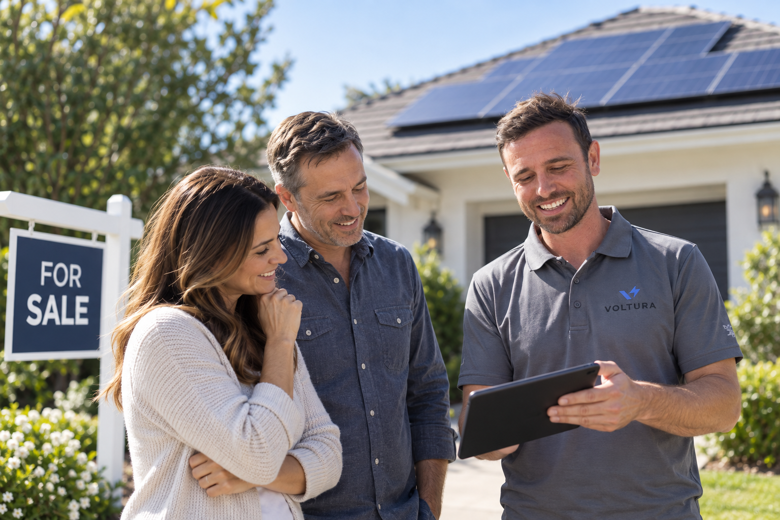 A real estate agent in a gray polo shirt showing a tablet to a smiling couple in front of a house with solar panels and a "For Sale" sign.