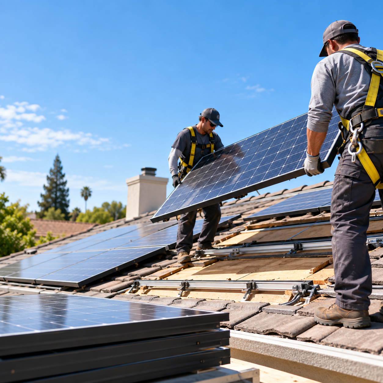 Two workers installing solar panels on a residential roof during the daytime.