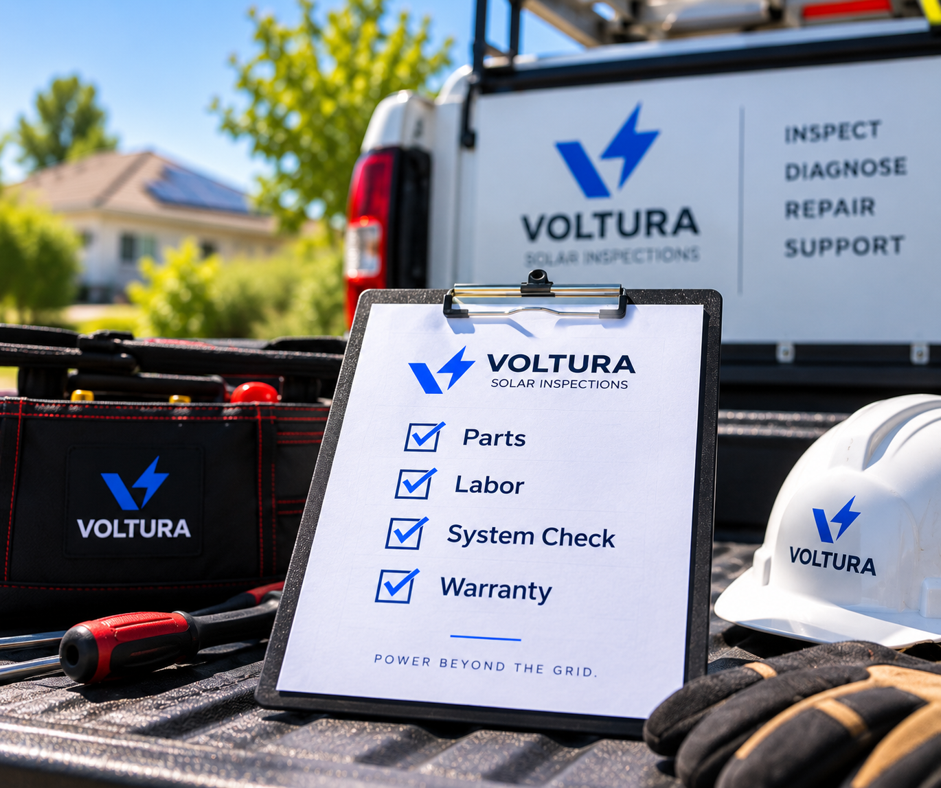 Clipboard with checklist for Voltura Solar Inspections, including parts, labor, system check, and warranty, placed on a equipment table outdoors. Background shows a vehicle with Voltura branding and tools for solar inspection.