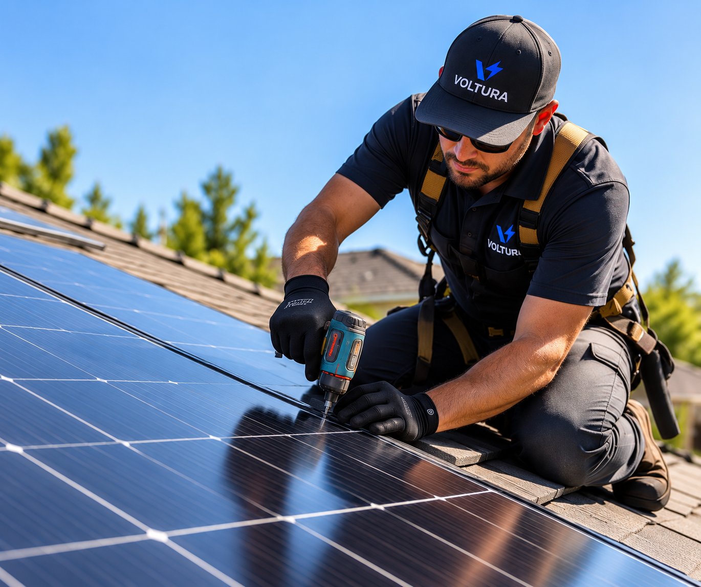 A man wearing a black Voltura cap and sunglasses installing solar panels on a roof with a cordless drill, surrounded by trees and a blue sky.