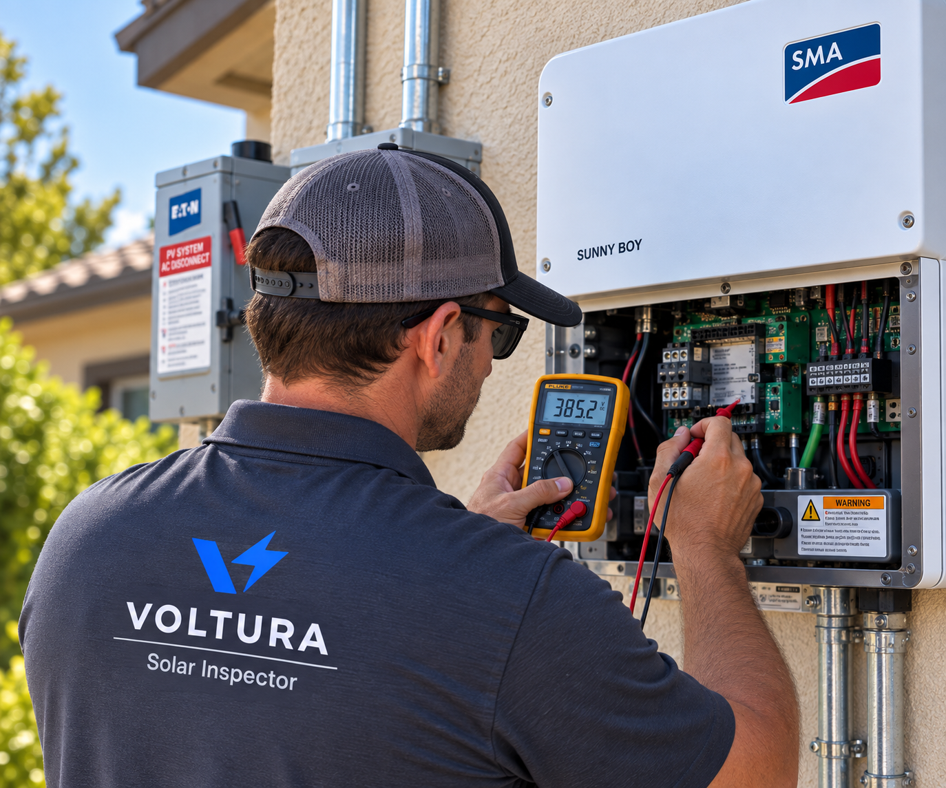 A man with a Voltura Solar Inspector shirt checking a solar power system with a multimeter outside a house.