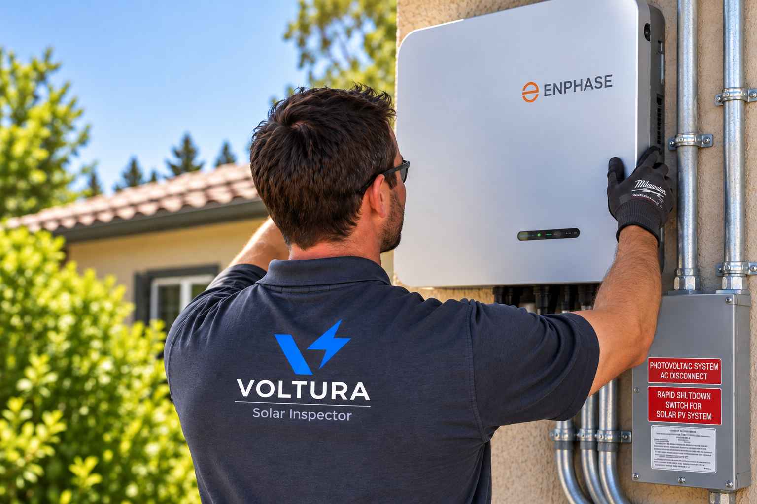 A solar inspector working on a solar power system with an Enphase inverter outside a house, wearing black gloves and a navy shirt with Voltura Solar Inspector logo.