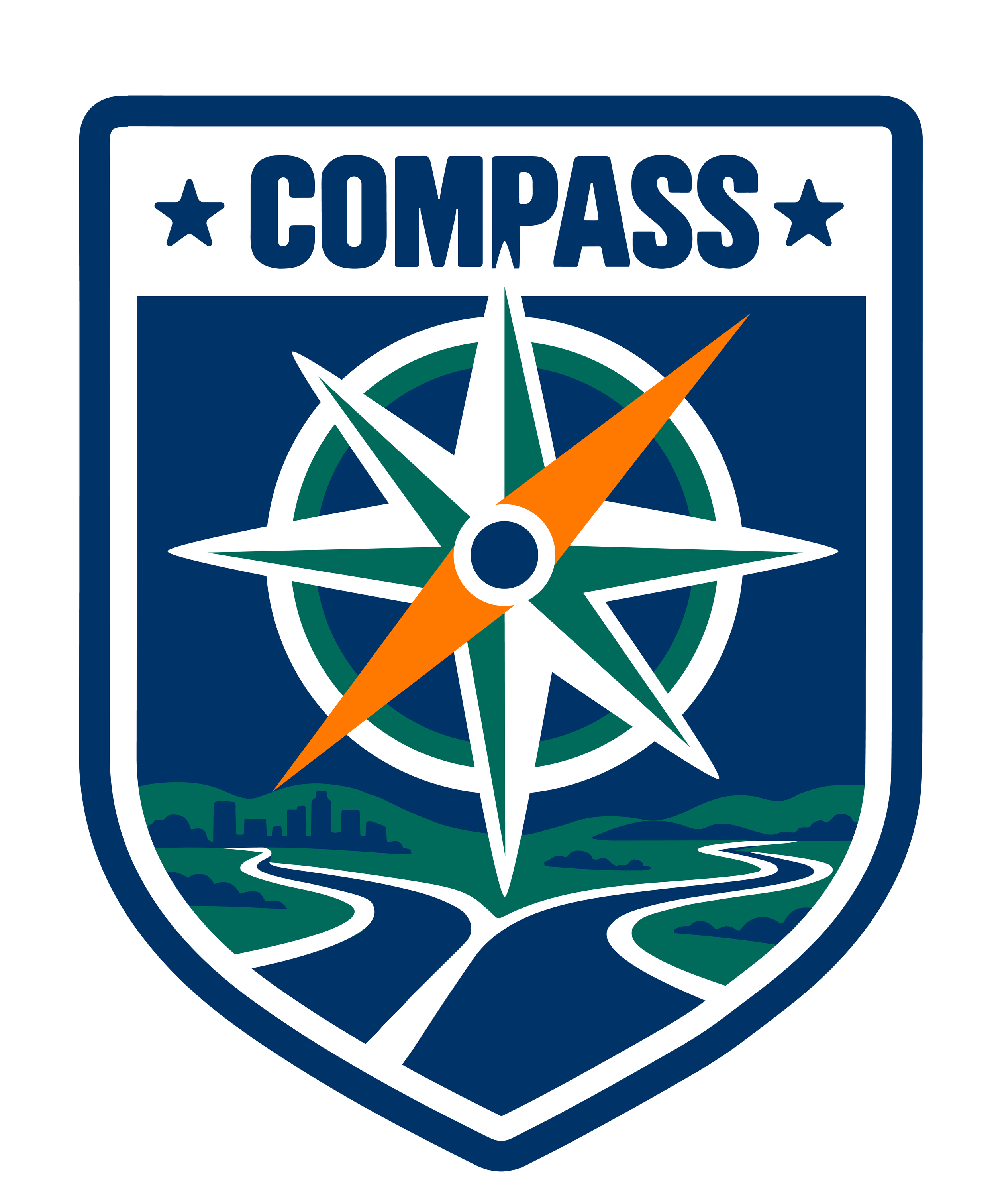 Compass logo with stars, navigation compass, orange lightning bolt, landscape, river, and city skyline